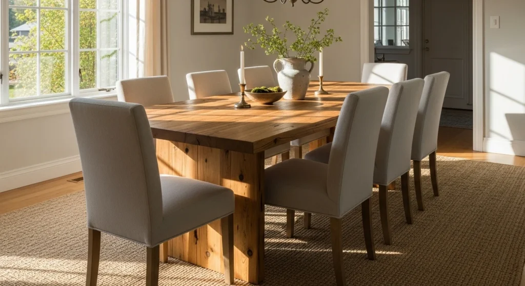 Dining room with natural wood dining table, neutral chairs, and warm daylight