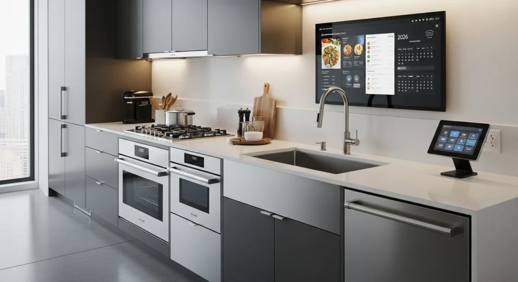 High-tech kitchen with integrated smart appliances and sleek modern cabinetry