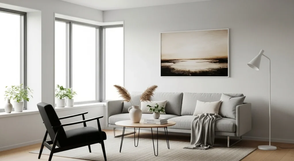 Clean Scandinavian living room with simple furniture arrangement and airy space