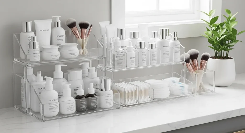 bathroom countertop organized with glass jars for cotton pads and essentials