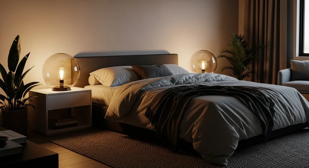 Frosted glass globe lamp providing soft ambient lighting beside a modern bed