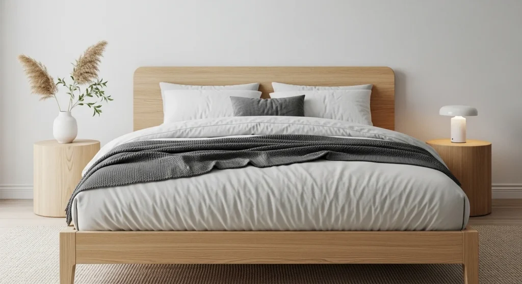 Minimalist bedroom with natural wooden bed frame adding warmth and Scandinavian style