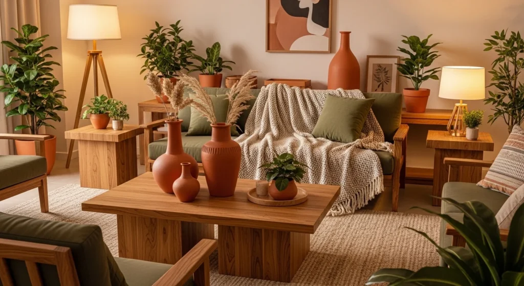 Cozy modern living room in earthy tones with terracotta accents, olive cushions, and natural wood furniture, 2026 style