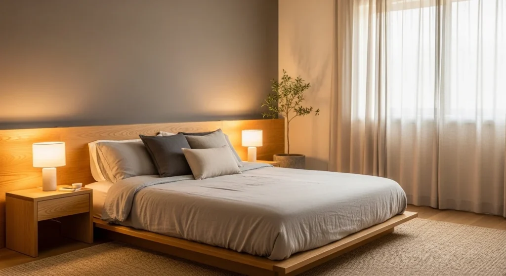 Warm grey bedroom featuring natural wood furniture and cozy ambient lighting, modern Japandi style 2026