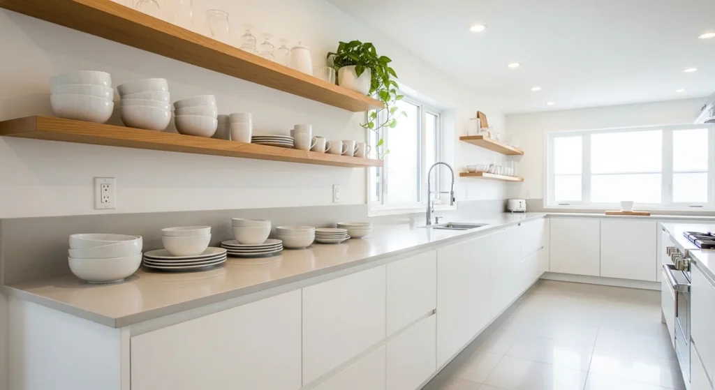 Bright modern kitchen with open wooden shelves displaying stylish dishes, minimal white cabinets, and airy 2026 interior
