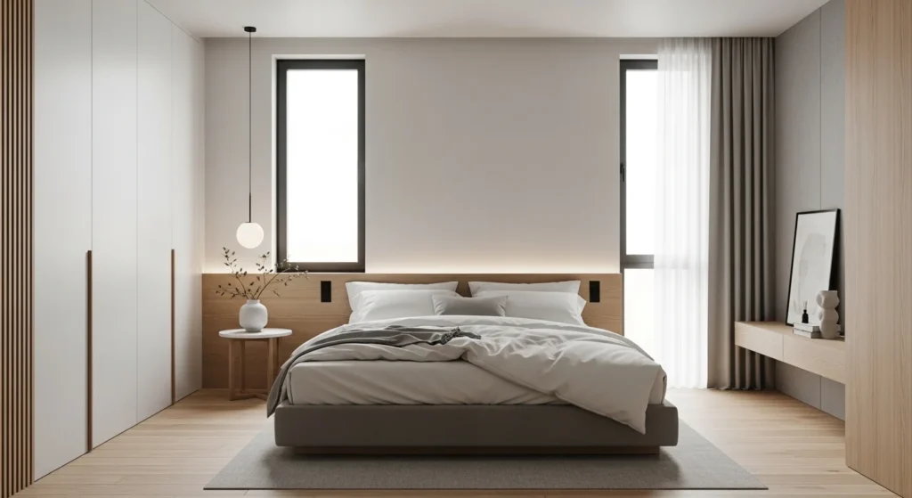 Clean and uncluttered modern master bedroom with minimalist furniture and natural light
