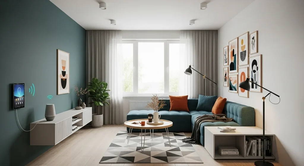 Compact living room ideas for modern 2026 homes featuring smart furniture, space-saving layout, neutral tones, and contemporary interior design