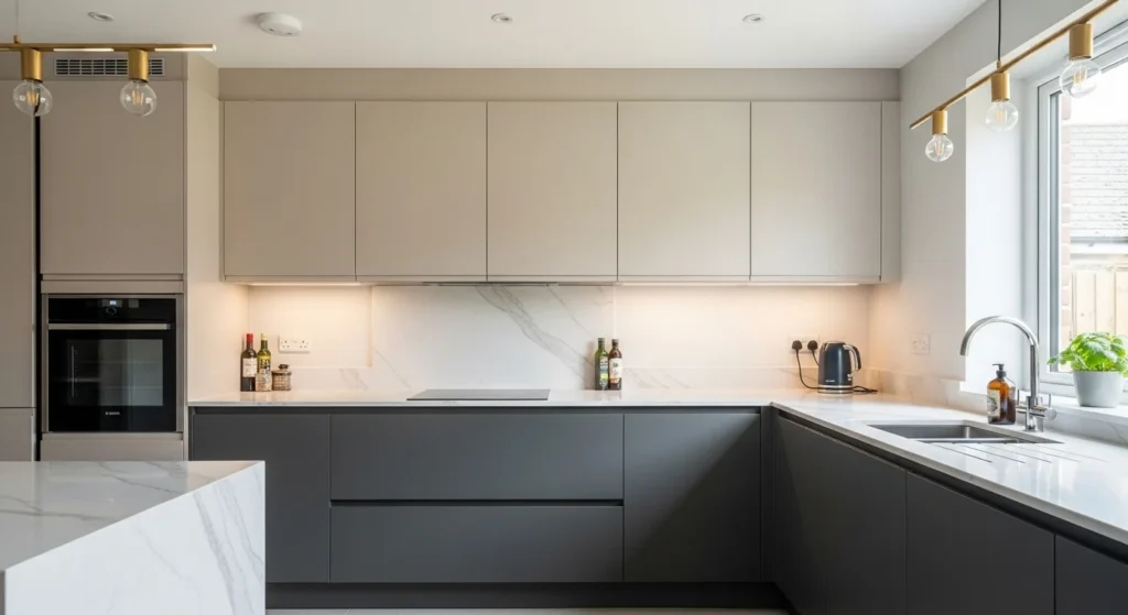 Modern kitchen with light upper cabinets and dark lower cabinets creating stylish contrast
