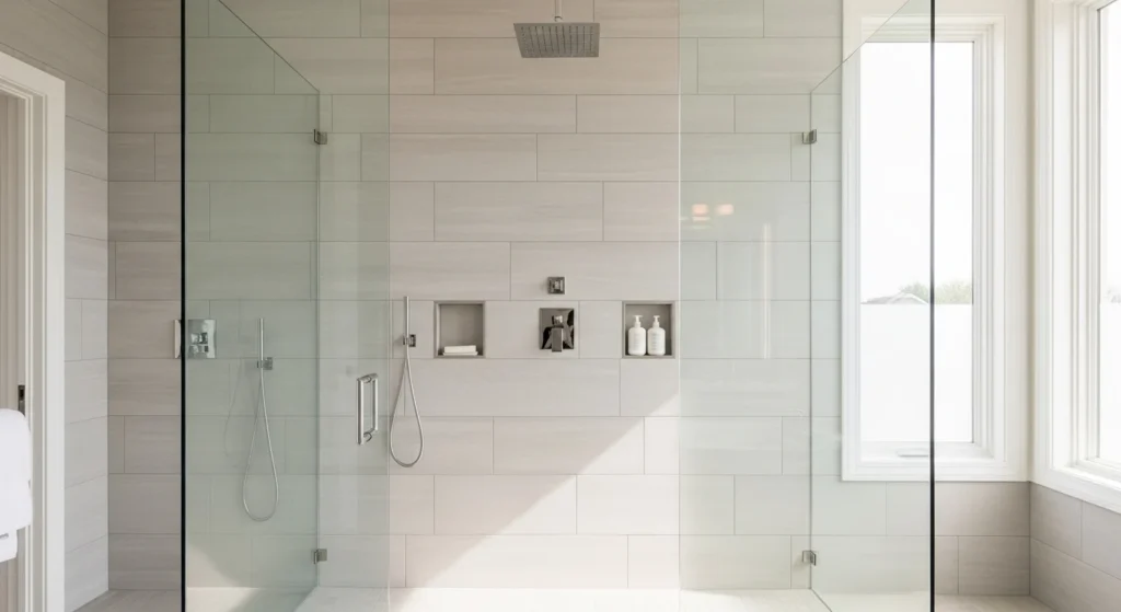 modern bathroom with frameless walk-in glass shower and seamless tile design