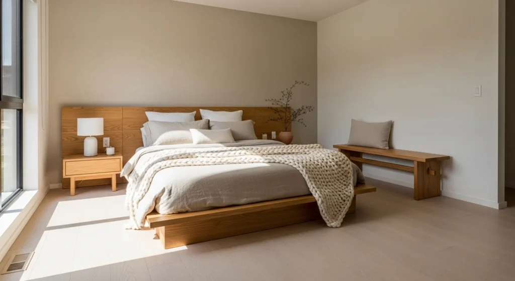 Calm neutral bedroom styled with wooden furniture and warm natural textures.