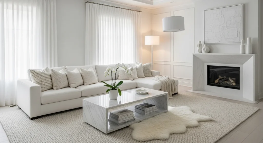 Elegant all white luxury living room with plush seating and sophisticated modern decor