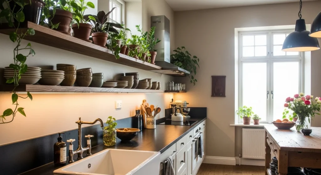 Cozy kitchen with wooden open shelves displaying dishes and plants in a warm interior
