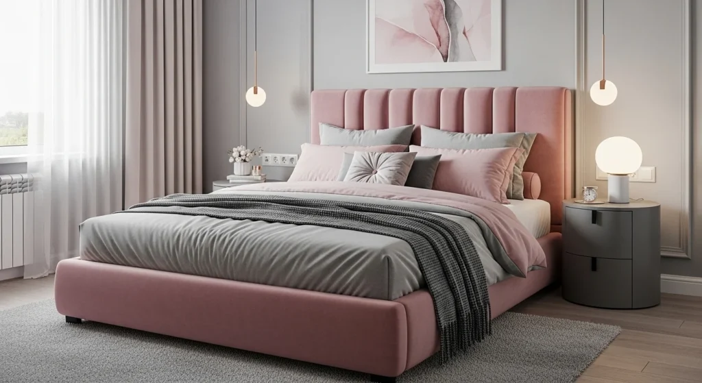elegant pink and grey girls bedroom with modern decor and soft lighting