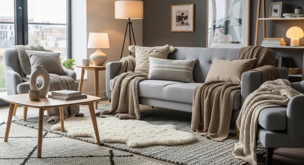 Cozy apartment living room styled with layered rugs, cushions, and warm textures