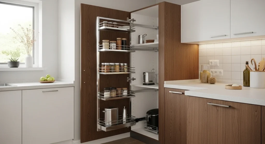 Modern small kitchen with pull-out corner cabinet maximizing unused space