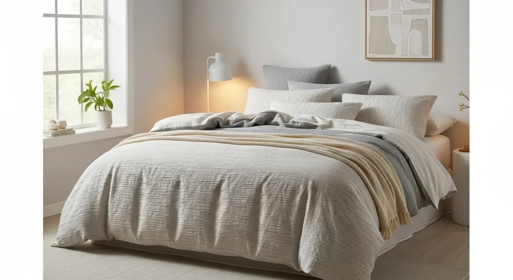 Neutral minimalist bedroom styled with textured bedding, natural fabrics, and soft lighting