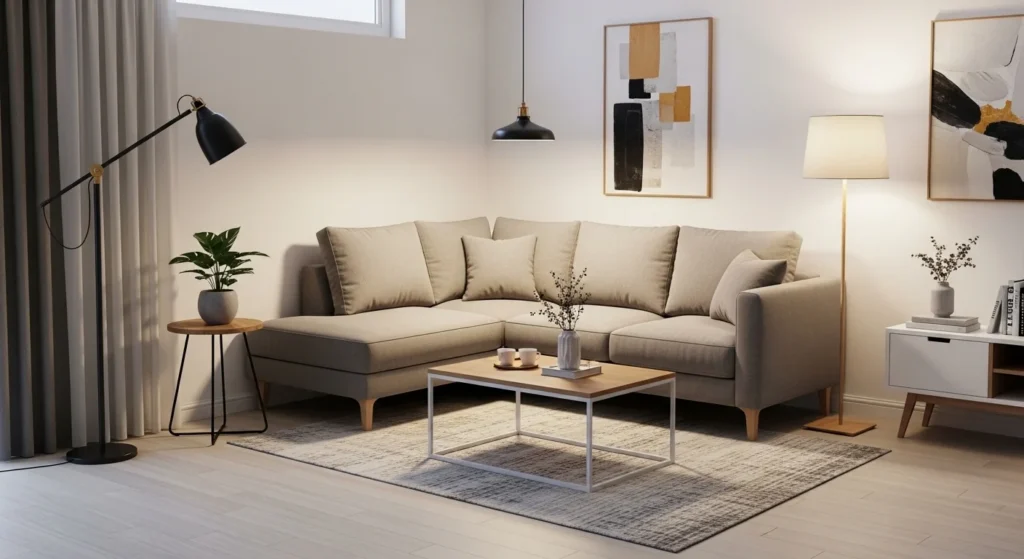 Compact living room featuring a space-saving L-shaped sectional sofa arrangement