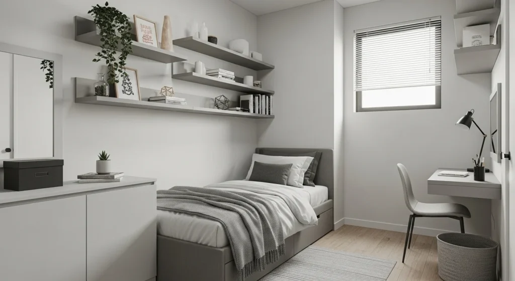 Compact guest bedroom with smart furniture and modern space-saving layout