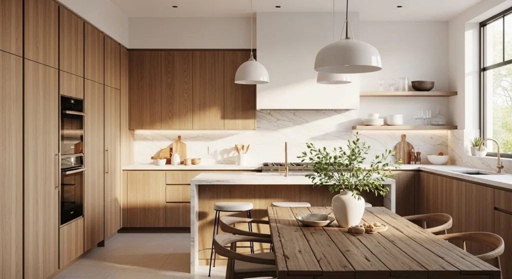 Modern kitchen with natural wood cabinetry and stone countertops creating a warm organic design.