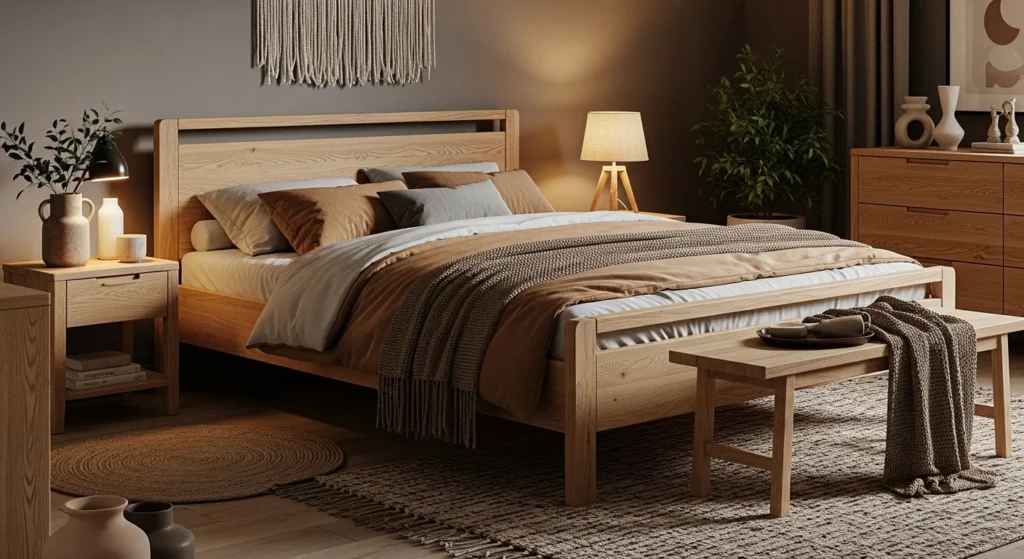 Warm cozy bedroom featuring wooden furniture and natural textures for a comfortable modern look