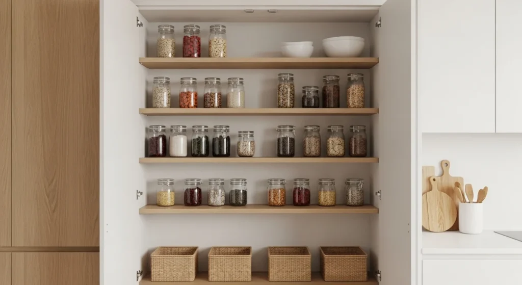 Open pantry shelves displaying jars and baskets in a modern small kitchen