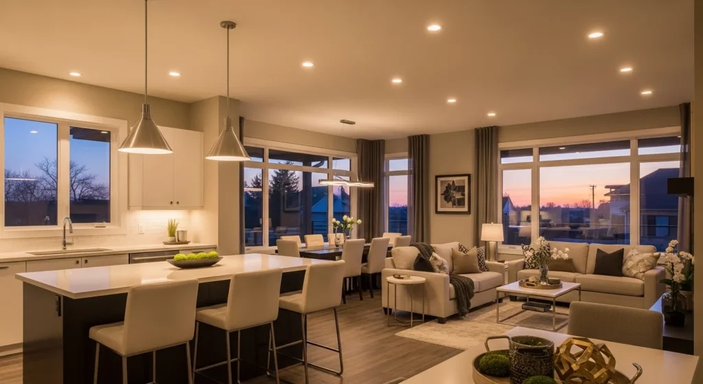 Modern open kitchen living room featuring pendant lights and layered lighting creating visual separation