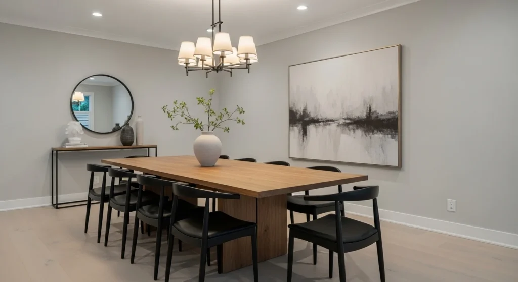 Elegant dining room combining black accents with neutral tones for a modern look