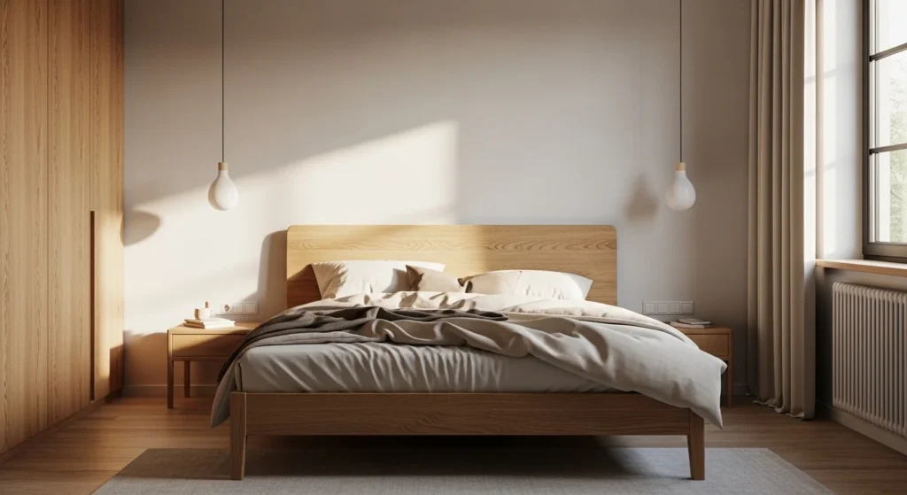 Modern minimalist bedroom with wooden furniture and warm neutral tones for a cozy look