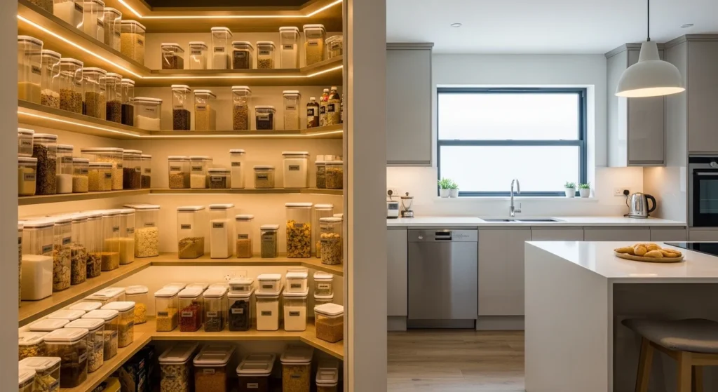 corner walk-in pantry with angled shelves maximizing kitchen storage space