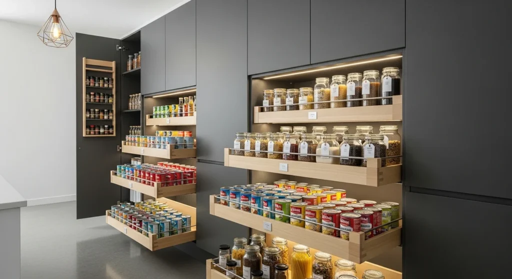 Modern pantry cabinet featuring pull-out shelves with neatly arranged food storage.