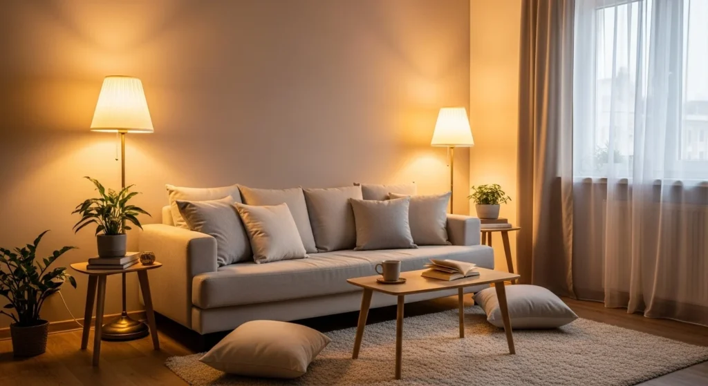 Cozy apartment living room with warm lighting, soft cushions, neutral colors, and inviting deco
