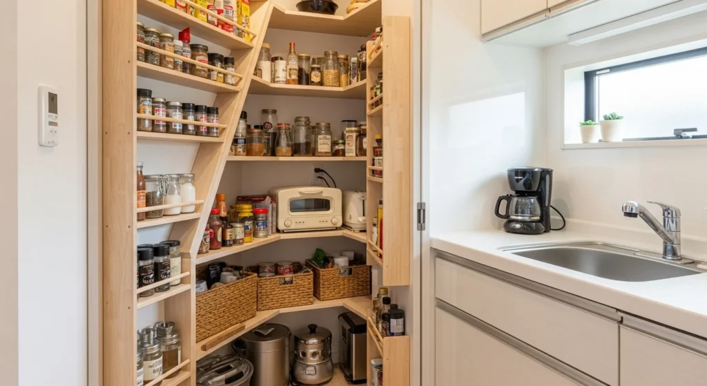 Small corner pantry with angled shelves designed to maximize unused kitchen space