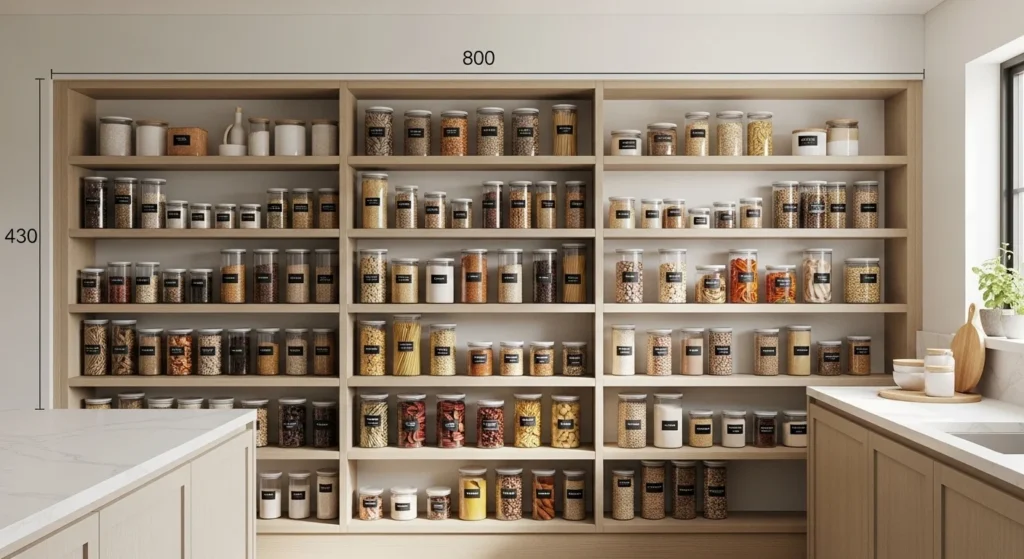 Open kitchen pantry shelves with neatly arranged containers creating a modern organized look
