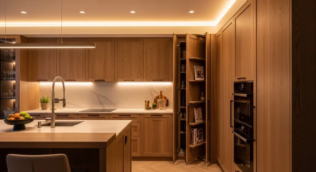 Creative hidden pantry concealed behind a stylish bookcase door in a modern luxury kitchen.