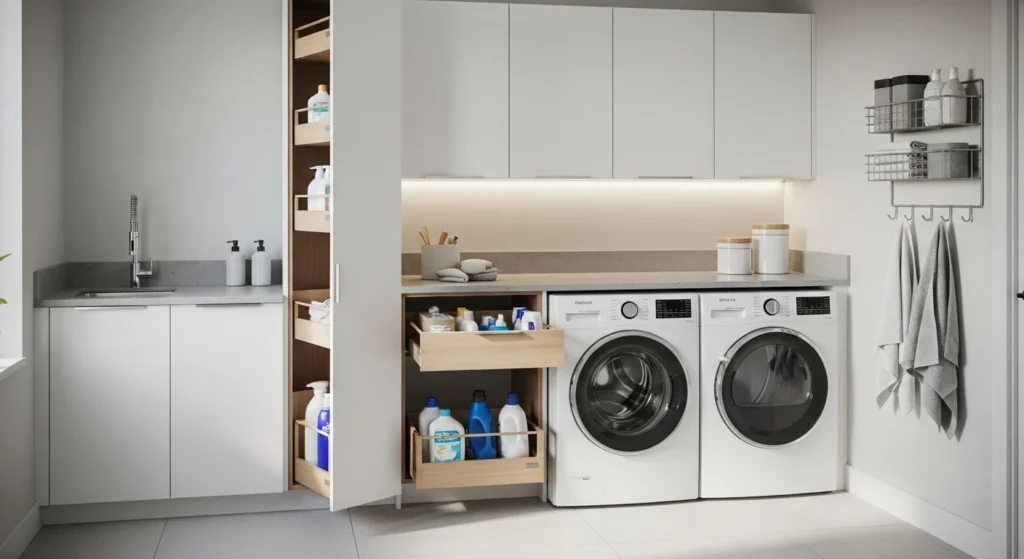 Laundry room with pull-out pantry drawers providing easy access organization