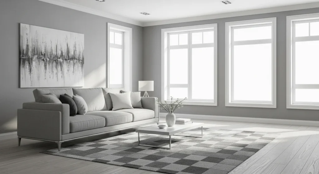 Gray living room featuring textured plaster walls, minimalist furniture, and soft directional lighting