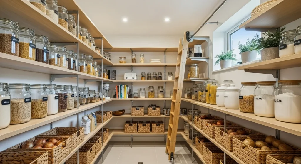 Walk-in pantry with open shelving and neatly arranged jars in a bright modern space