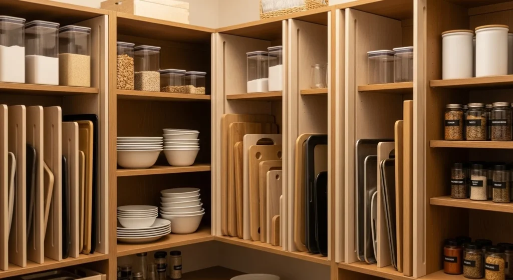 Pantry using vertical dividers to store trays, cutting boards, and flat items efficiently