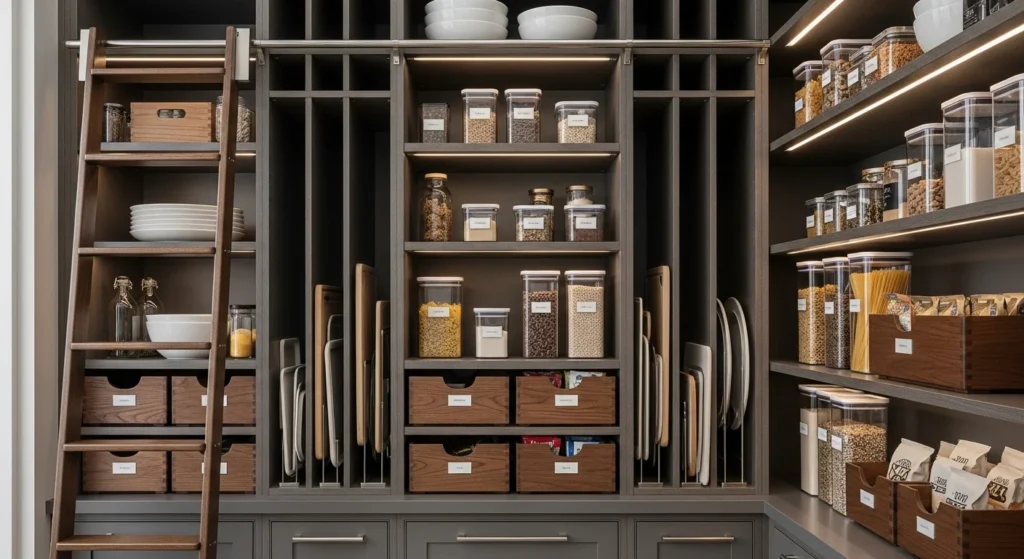 Kitchen food pantry using vertical dividers to store trays, boards, and flat items effic