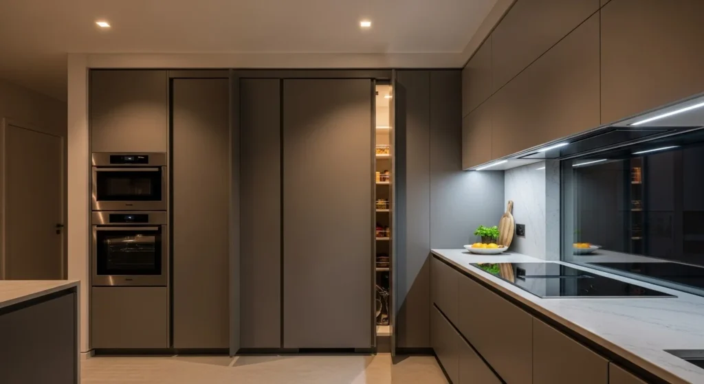 Kitchen pantry concealed behind sliding panels for a modern and space-saving design