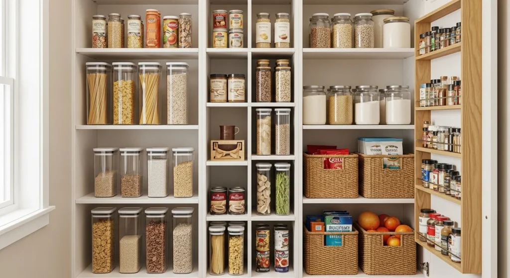 Pantry using vertical dividers to store trays and food items efficiently