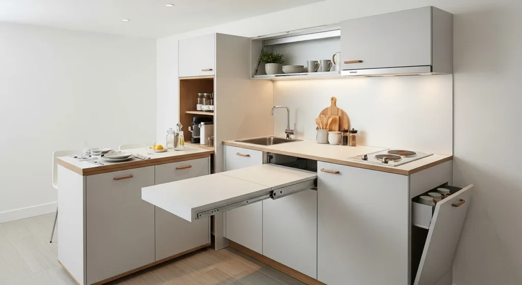 Small kitchen featuring fold-out counter and multifunctional furniture for flexible use