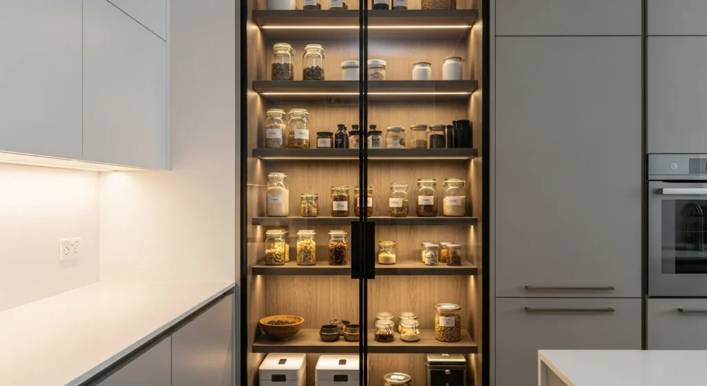 Narrow walk-in pantry with glass door allowing light and modern visibility