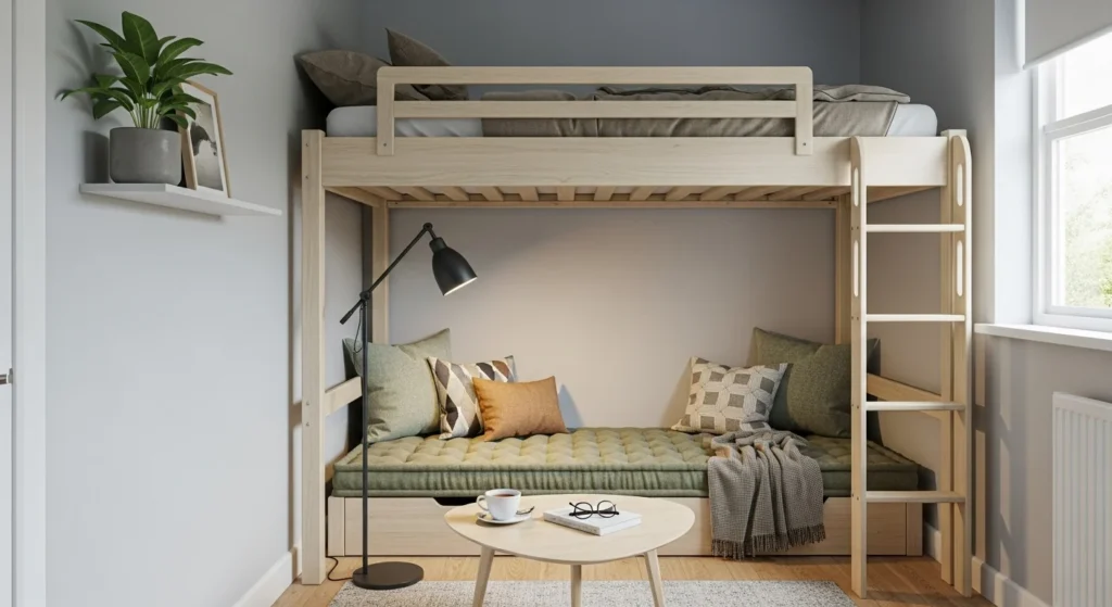 Loft bed with cozy reading nook underneath, small bedroom design with functional and stylish layout