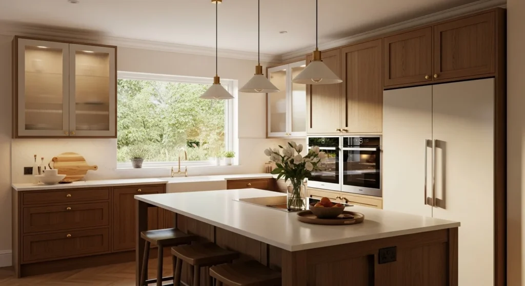 Wooden kitchen island with drawers and seating, functional warm modern 2026 interior