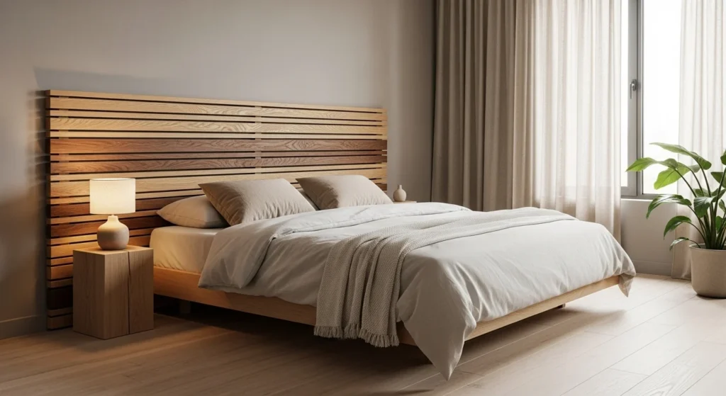 Wooden slatted bed with warm tones, simple bedding, cozy modern 2026 bedroom