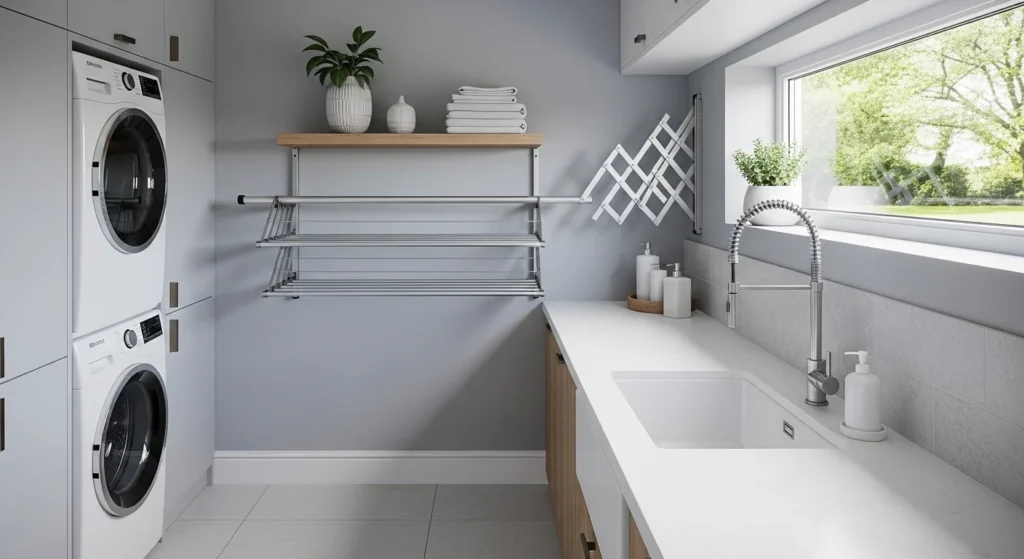 Foldable wall-mounted drying rack in modern laundry room, space-saving 2026 idea