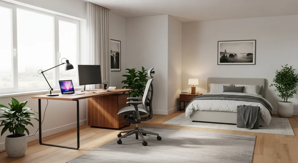 Modern bedroom layout combining sleeping area and home office with clear visual separation