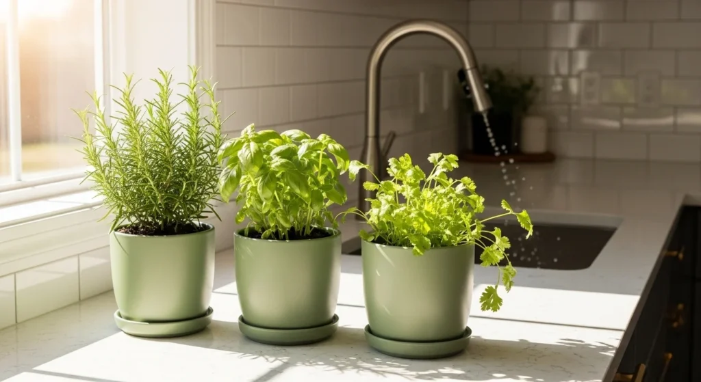 Kitchen counter decorated with fresh herbs in ceramic pots
