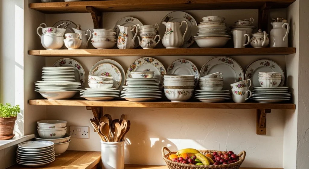 Open kitchen shelves styled with vintage dishware